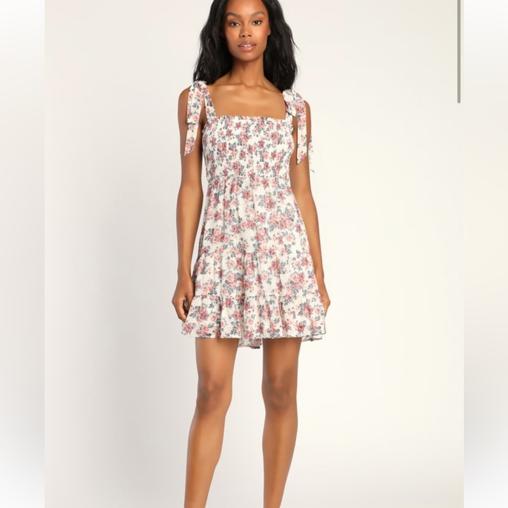 Lulu’s • Daytime Magic White Floral Print Ruffled Tie Strap Mini Dress. NWT